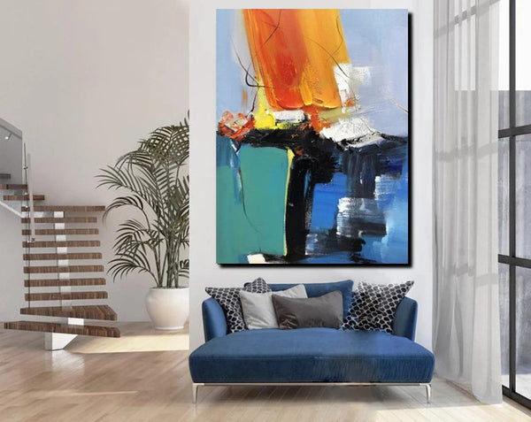 Acrylic Paintings on Canvas, Large Paintings Behind Sofa, Abstract Painting for Living Room, Blue Modern Paintings, Palette Knife Paintings-ArtWorkCrafts.com