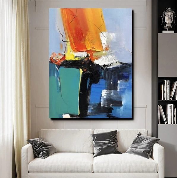 Acrylic Paintings on Canvas, Large Paintings Behind Sofa, Abstract Painting for Living Room, Blue Modern Paintings, Palette Knife Paintings-ArtWorkCrafts.com