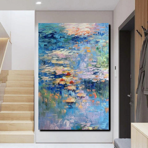 Acrylic Paintings on Canvas, Large Paintings for Bedroom, Landscape Painting for Living Room, Water Lily Paintings, Palette Knife Paintings-ArtWorkCrafts.com