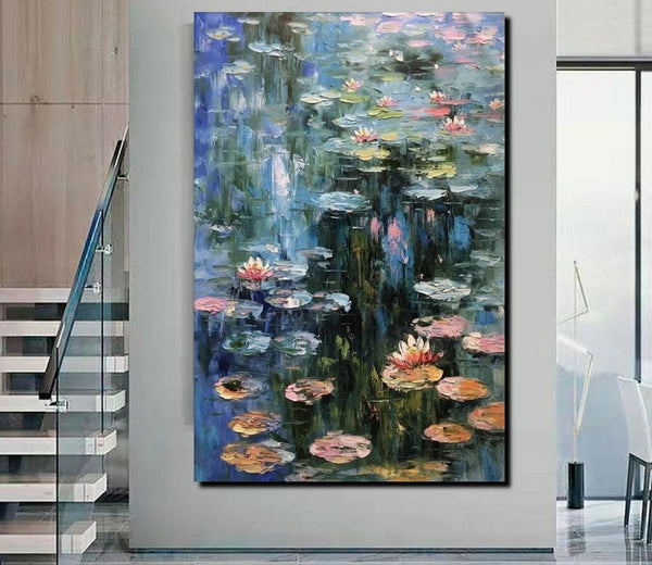 Large Paintings on Canvas, Canvas Paintings for Bedroom, Landscape Painting for Living Room, Water Lily Paintings, Heavy Texture Paintings-ArtWorkCrafts.com