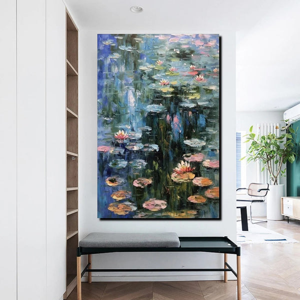 Large Paintings on Canvas, Canvas Paintings for Bedroom, Landscape Painting for Living Room, Water Lily Paintings, Heavy Texture Paintings-ArtWorkCrafts.com