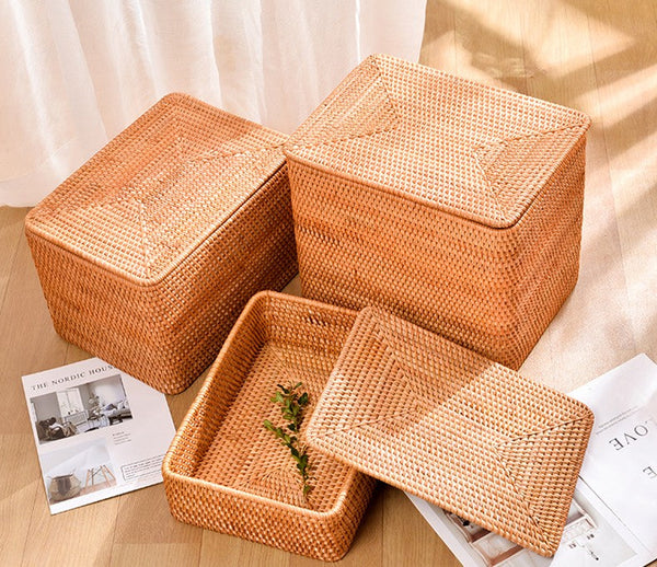 Woven Rattan Baskets, Rectangular Basket with Lid, Rectangular Storage Baskets, Storage Basket for Bedroom, Kitchen Storage Baskets-ArtWorkCrafts.com