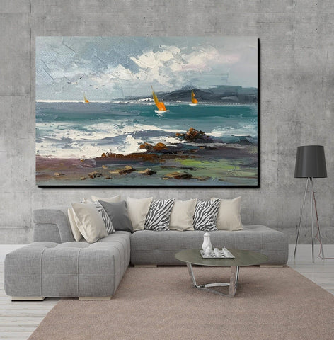 Large Paintings on Canvas, Canvas Paintings Behind Sofa, Landscape Painting for Living Room, Sail Boat at Sea Paintings, Heavy Texture Paintings-ArtWorkCrafts.com
